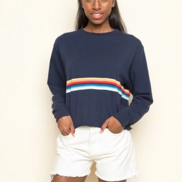Brandy Melville Tops - Brandy Melville John Galt Navy Rainbow Stripe Long Sleeve Crop Top Size Small